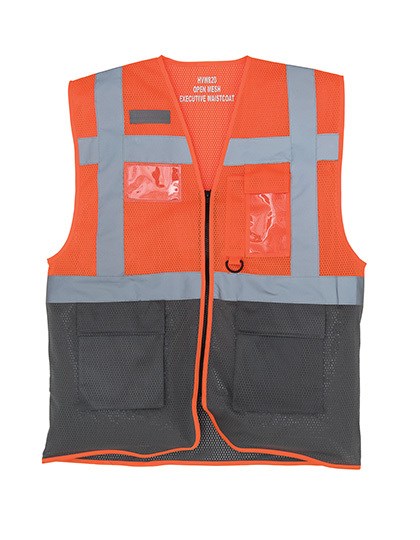 YOKO - Hi-Vis Top Cool Recycled Open Mesh Executive Waistcoat - Hi-Vis Orange, Grey