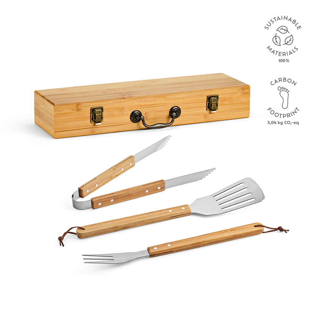 Turner Barbecue-Set aus Bambus. Mit Etui, Zange, Gabel und Spatel - Natur