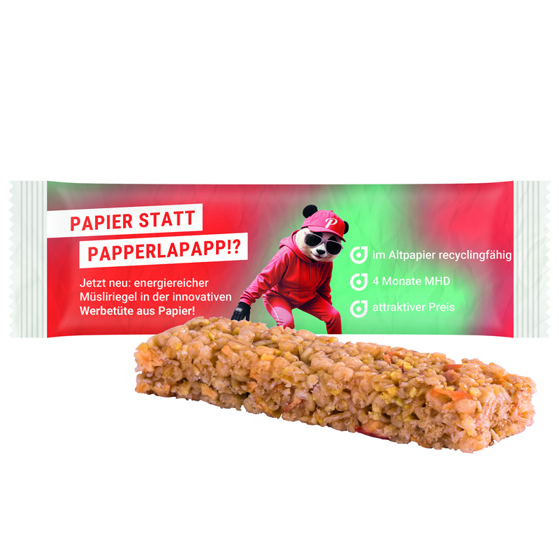 Müsliriegel Multikorn Apfel, recycelfähigem Papier weiß