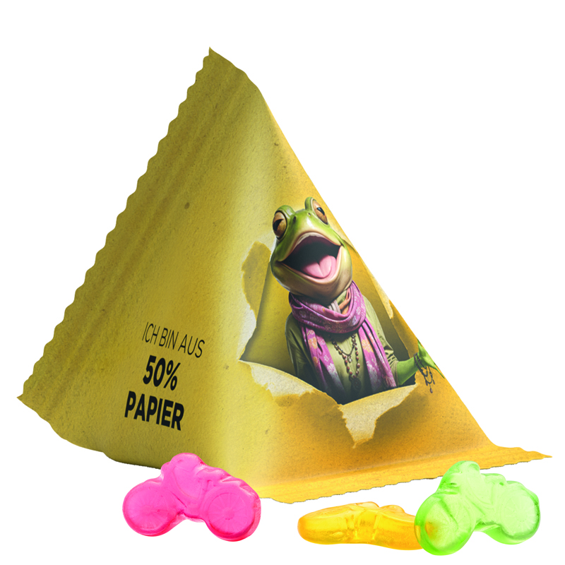 Fruchtgummi Tetraeder, Folie mit ca. 50% Papieranteil, weiß, Trolli Fruchtgummi Fahrrad