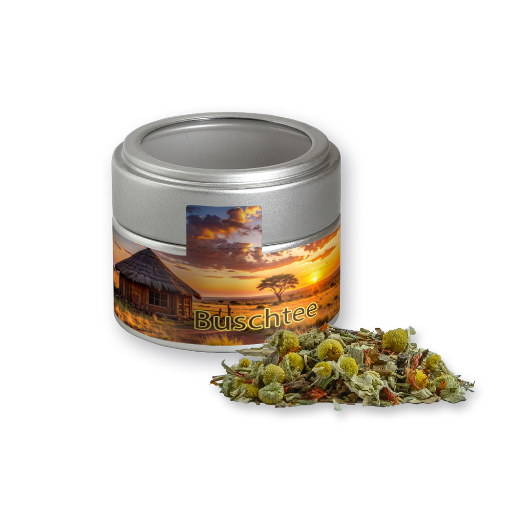 Rotbuschtee Entspannungszeit, ca. 25g, Metalldose Mini mit Sichtfenster silber