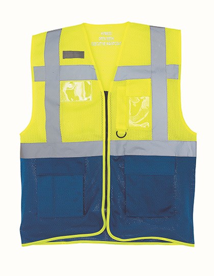 YOKO - Hi-Vis Top Cool Recycled Open Mesh Executive Waistcoat - Hi-Vis Yellow, Royal Blue