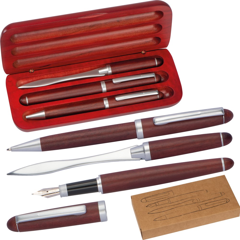 3-teiliges Holzschreibset mit Kugelschreiber, Füllfederhalter und Brieföffner