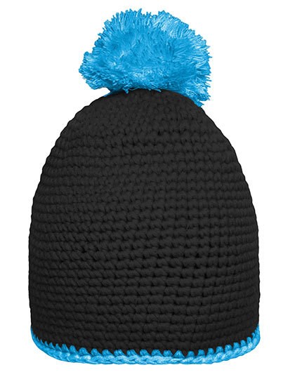 Daiber - Pompon Hat With Contrast Stripe - Black, Turquoise