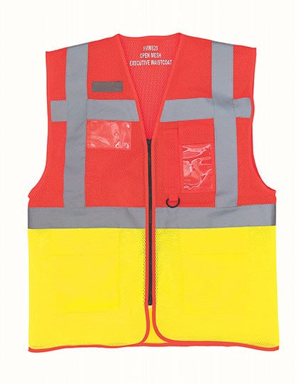 YOKO - Hi-Vis Top Cool Recycled Open Mesh Executive Waistcoat - Red, Hi-Vis Yellow