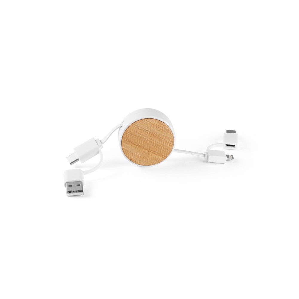 RUBINS. 6-in-1-USB-Kabel ausziehbar aus Recyceltes ABS (100% rABS) und Bambus - weiß