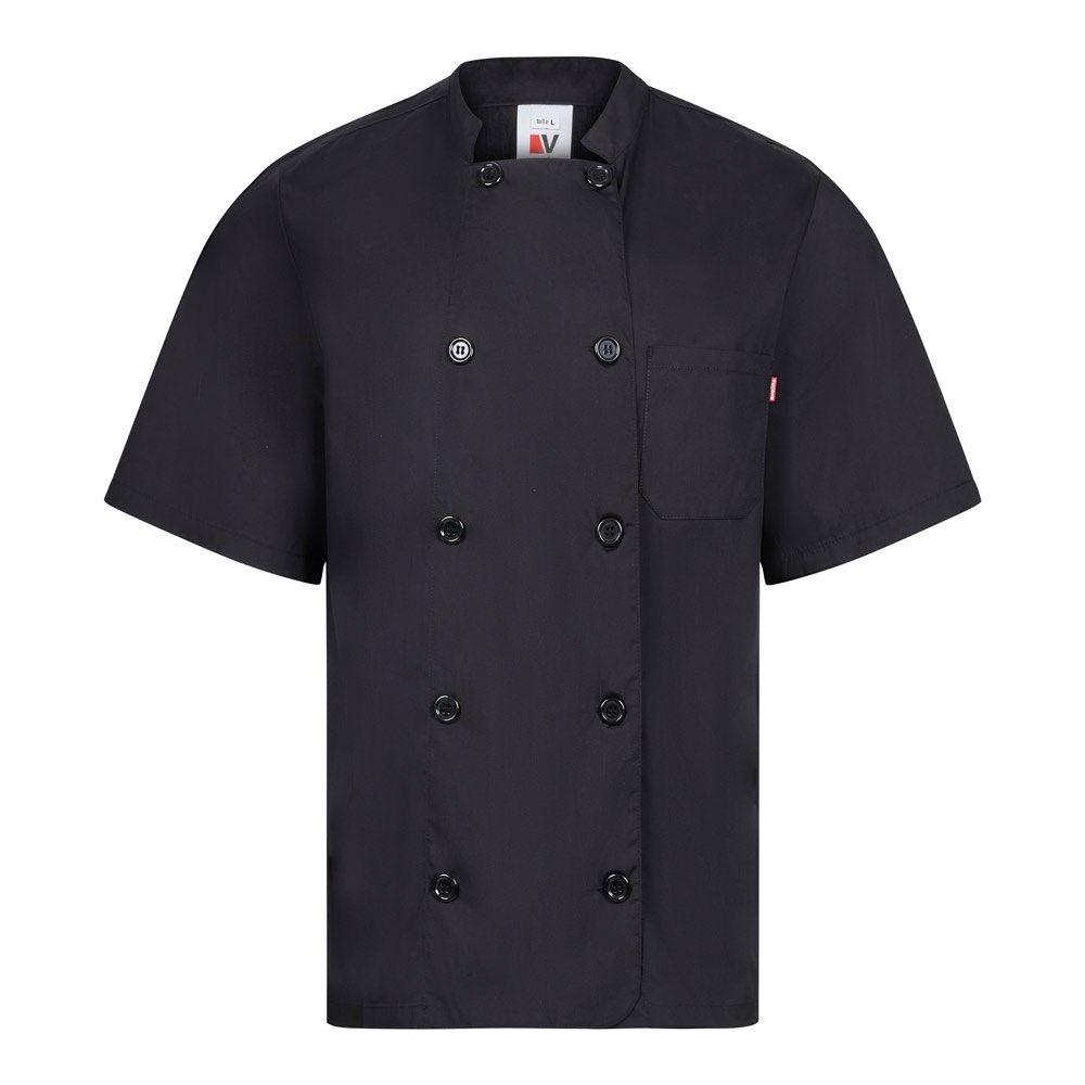 VL DURGA. Kurzärmelige Kochjacke aus Popeline (110 g/m²) aus Baumwolle (35 %) und Polyester (65 %) - schwarz
