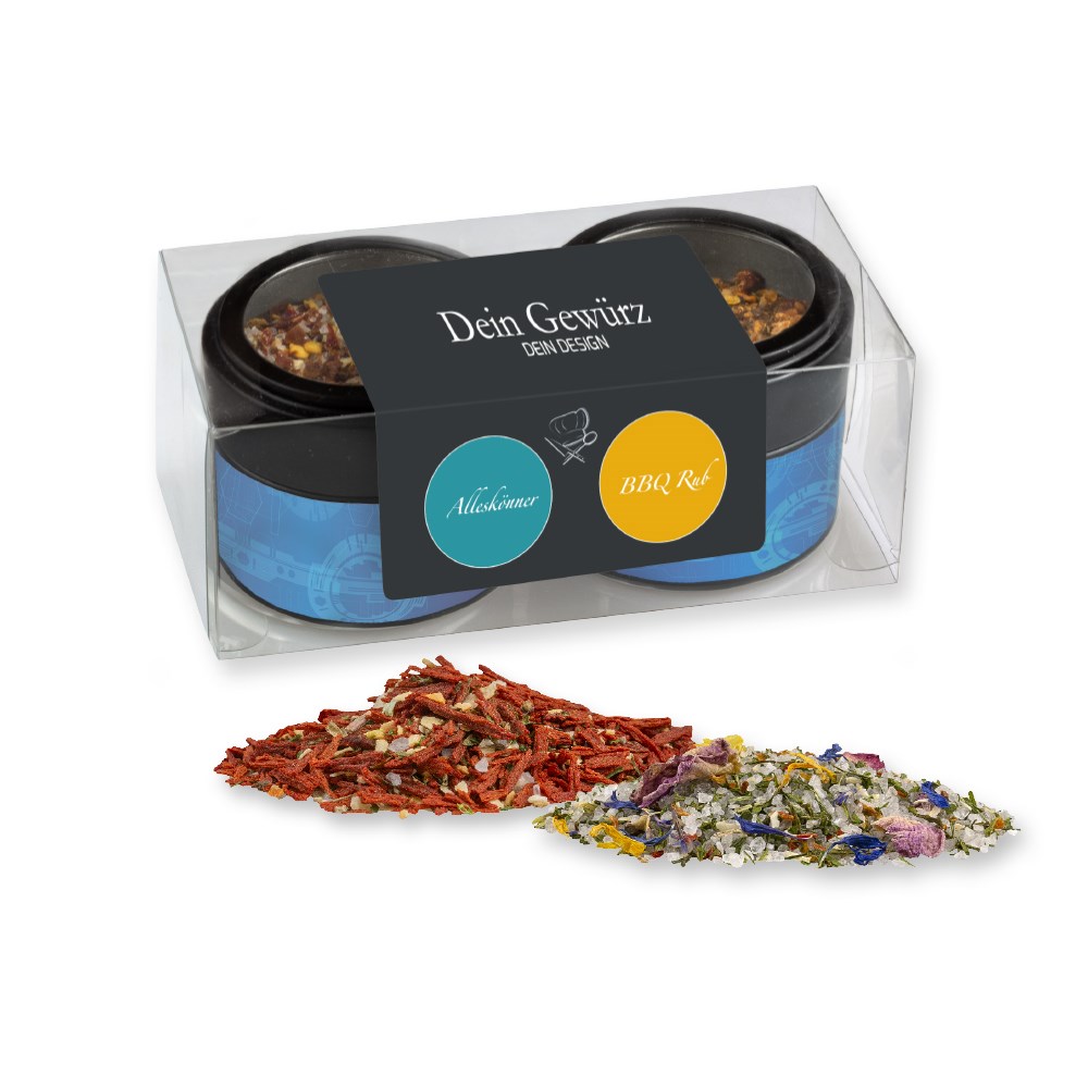 verschiedene Gewürzmischungen (Kategorie 1), ca. 90-220g, Metalldose Mini mit Sichtfenster im 2er Set