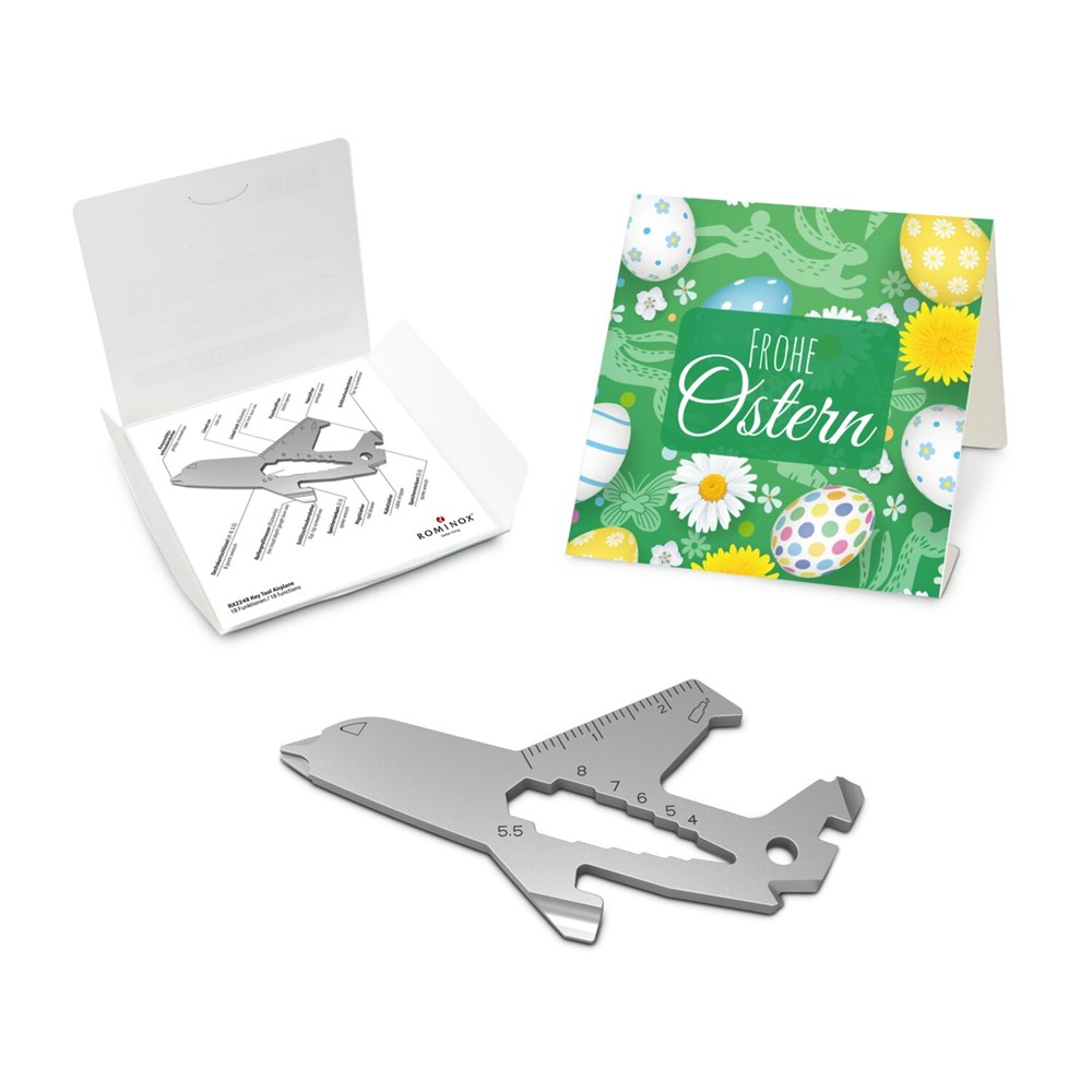 Geschenkartikel: ROMINOX® Key Tool Airplane / Flugzeug (19 Funktionen) im Motiv-Mäppchen Frohe Ostern