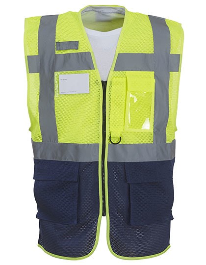 YOKO - Hi-Vis Top Cool Recycled Open Mesh Executive Waistcoat - Hi-Vis Yellow, Navy